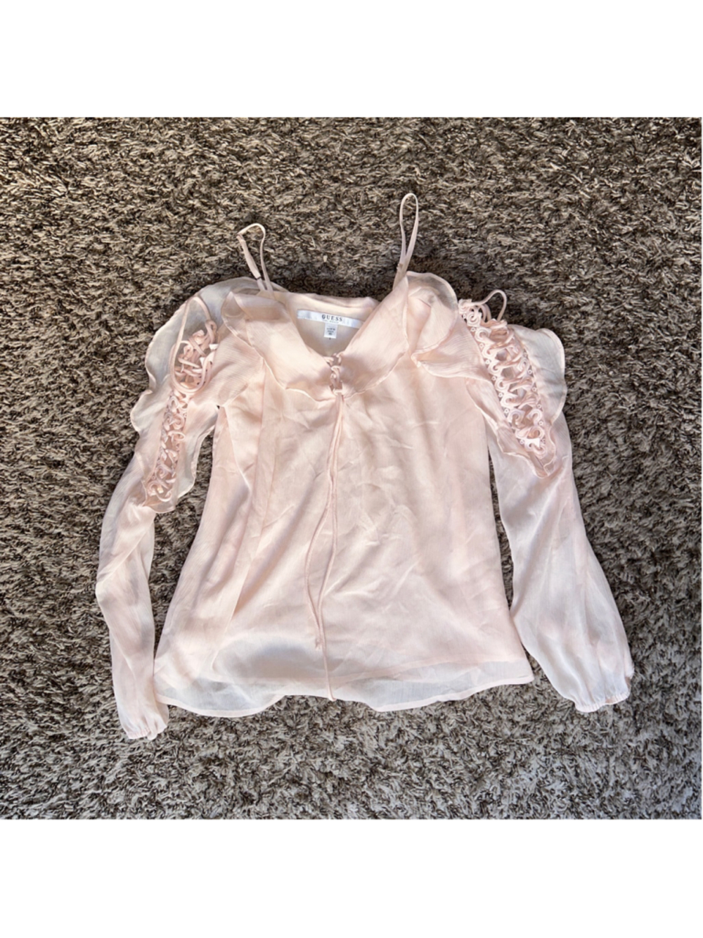 Women's Guess Pink Long Sleeve Cold Shoulder Blouse Tie Sleeve Detail Size XS